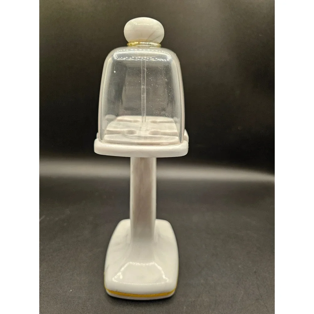 Faux Marble Pedestal Lipstick Holder with Clear Cloche Cover Gold Trim White SS